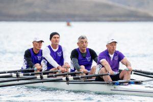 Cure Boating Club mens masters rowing quadruple scull, rowing in New Zealand Masters Championships 2023 at Lake Ruataniwha