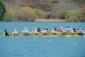 Masters rowing national championships, eights rowing on Lake Ruataniwha, masters men rowers